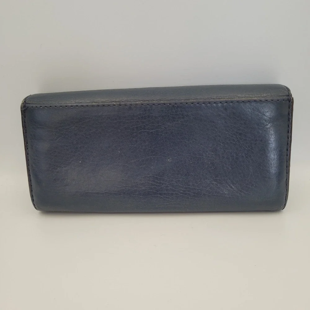 Michael Kors MK Envelop Fulton Flap Wallet Navy Blue Leather Gold Logo Long Fair
